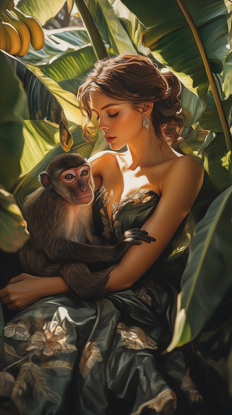 Donna elegante con scimmia in un banano illuminato dal sole