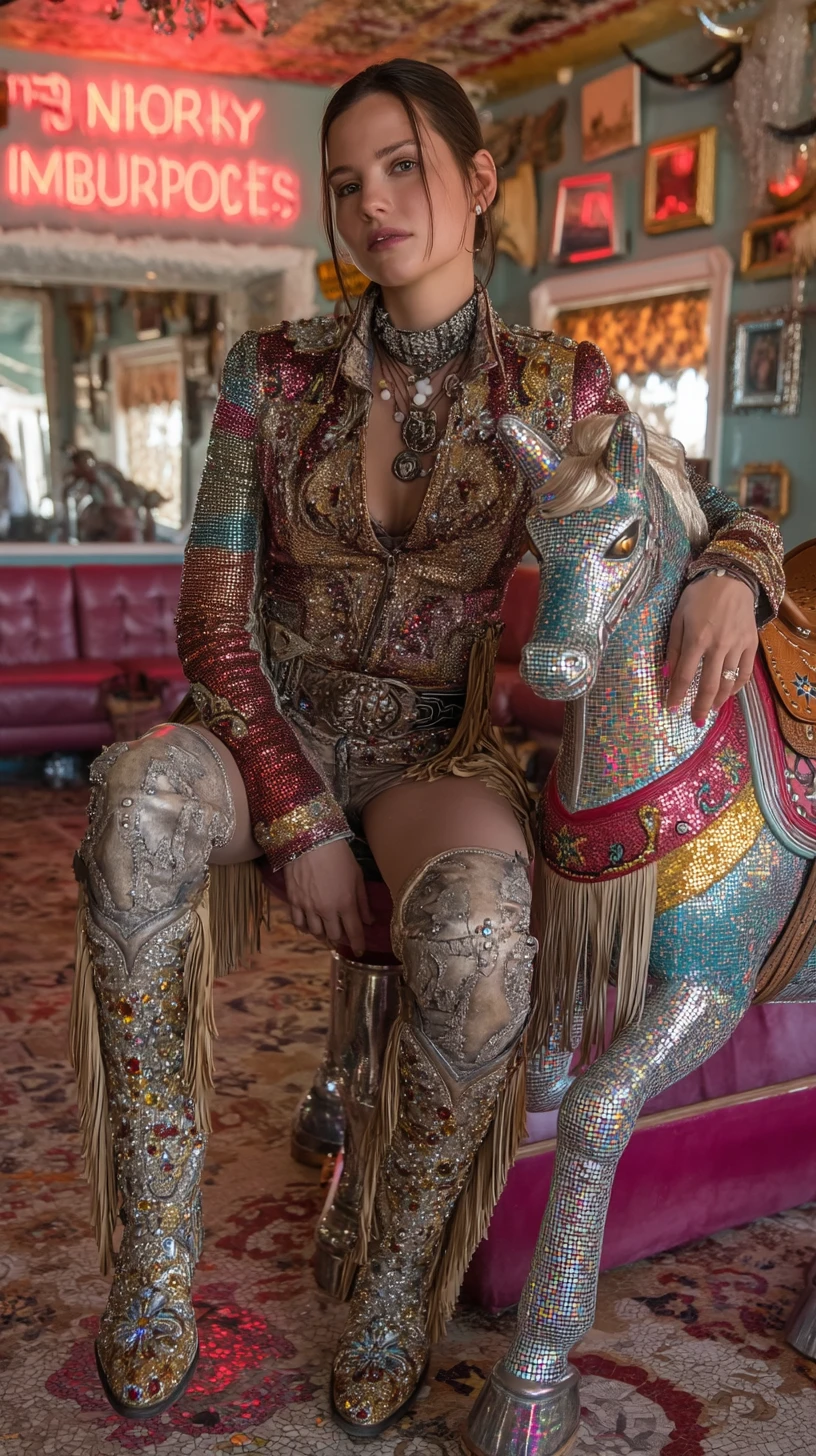 Disco-Cowgirl-Queen posiert neben einem mechanischen Bullen