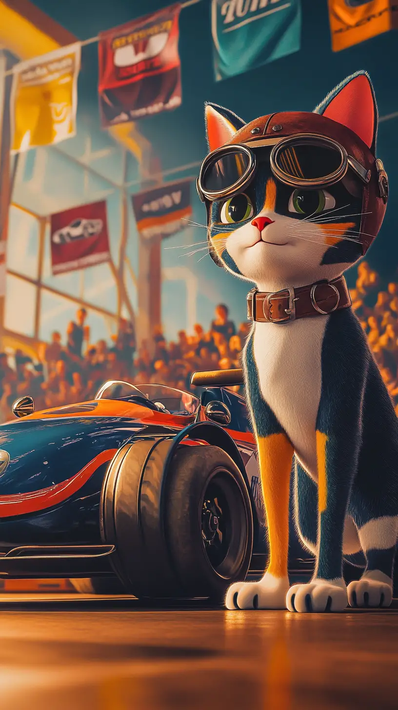 Gatto da corsa antropomorfo accanto a una colorata auto di Formula