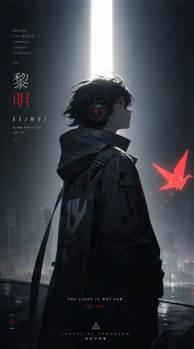 Anime hero on a high ledge in a futuristic city
