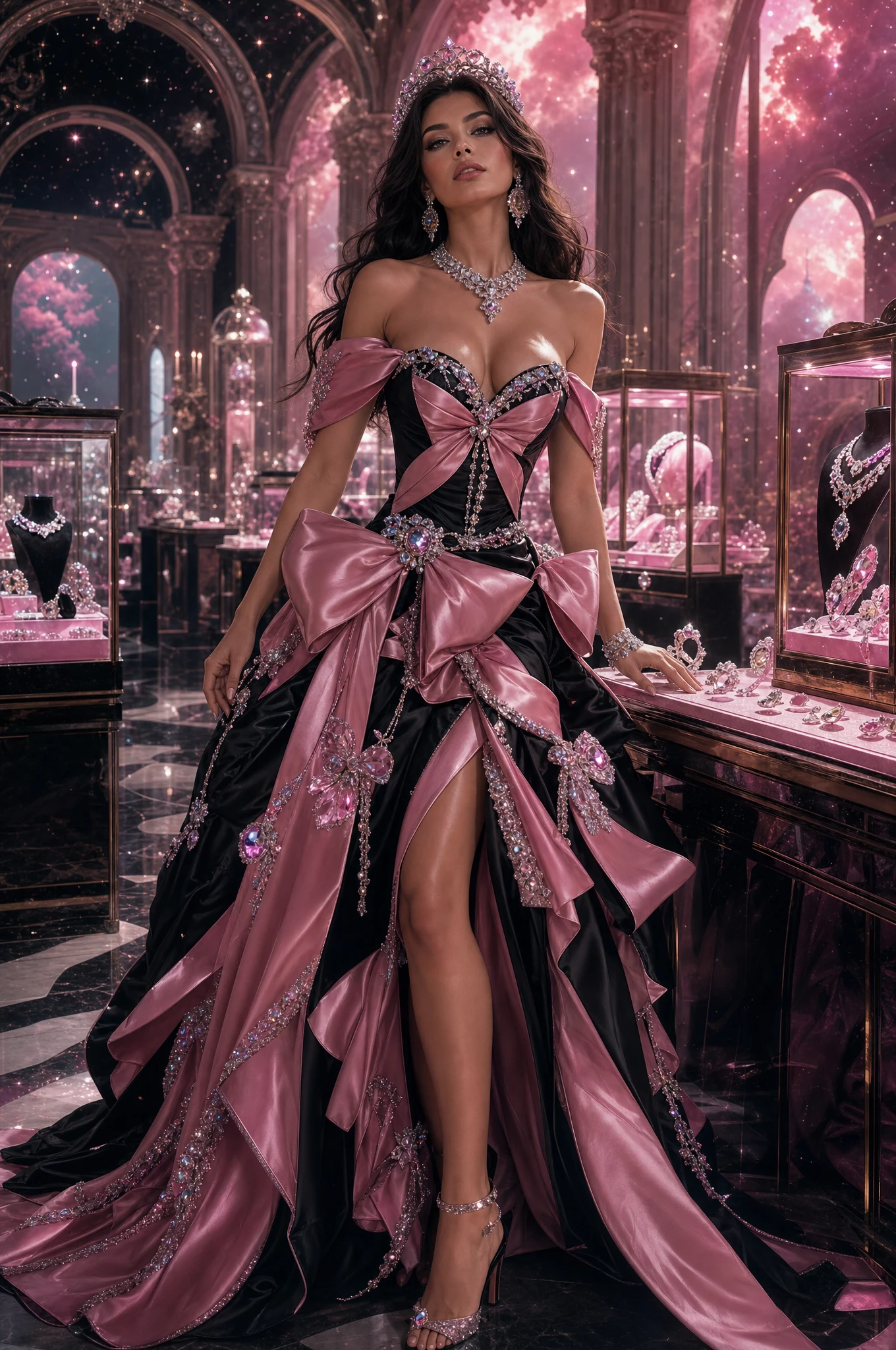 Morena glamorosa com vestido preto e laços cor-de-rosa