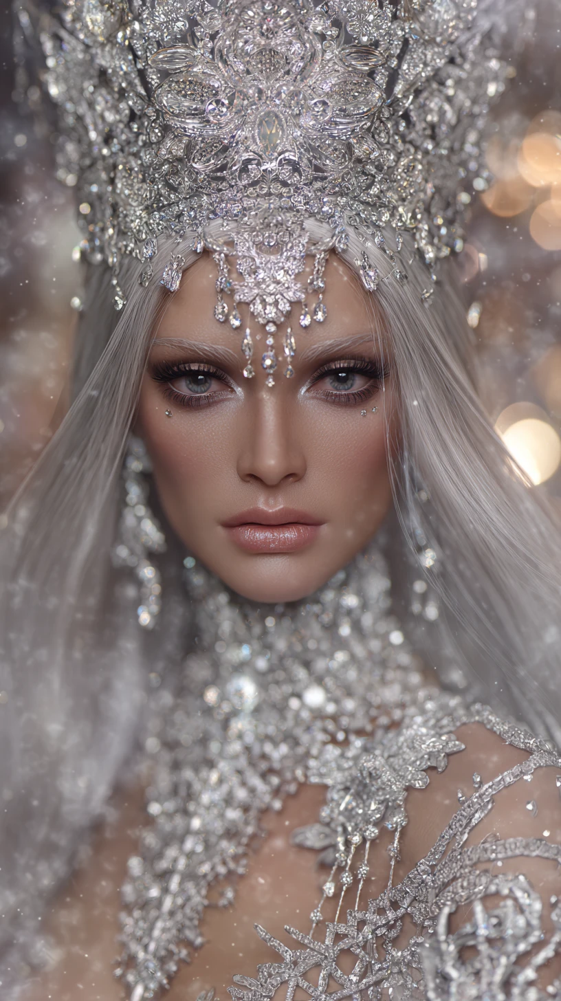 Ethereal ice queen in jeweled crown and couture gown