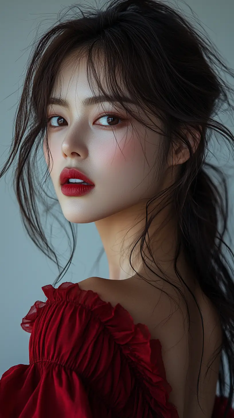 Retrato de beleza coreana com lábios semimatte suaves e esfumados