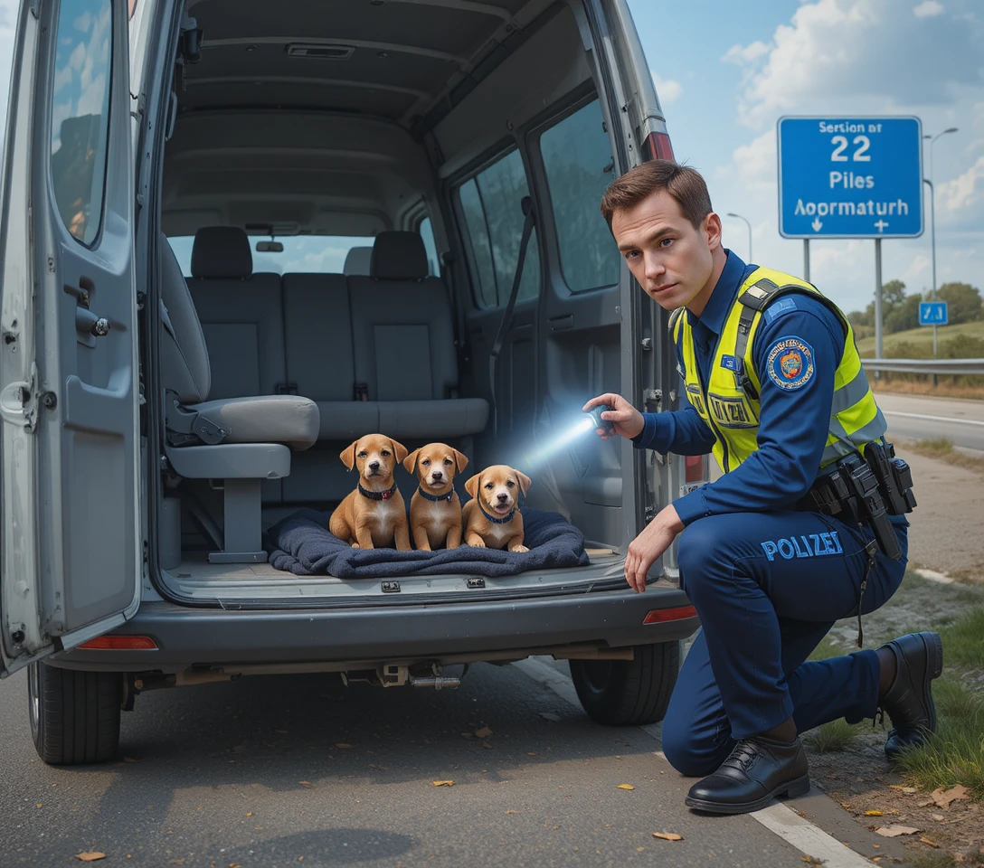 救出された子犬が乗ったバンを点検する警察官