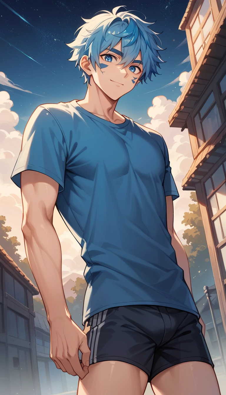 Homem de anime alto em pé sob um céu estrelado nas montanhas