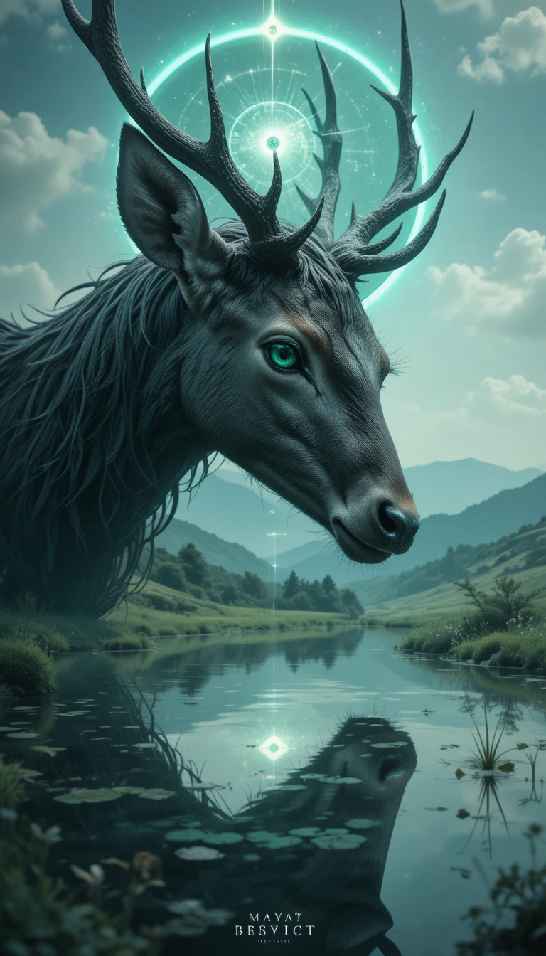 Cerf mystique à l’œil émeraude près d’un bassin d’eau miroir