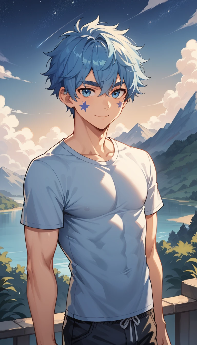 Homem de anime alto em pé sob um céu estrelado nas montanhas