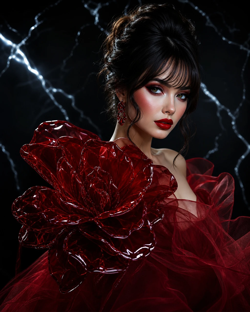 Retrato glamoroso de mulher com vestido de flores de vidro rubi