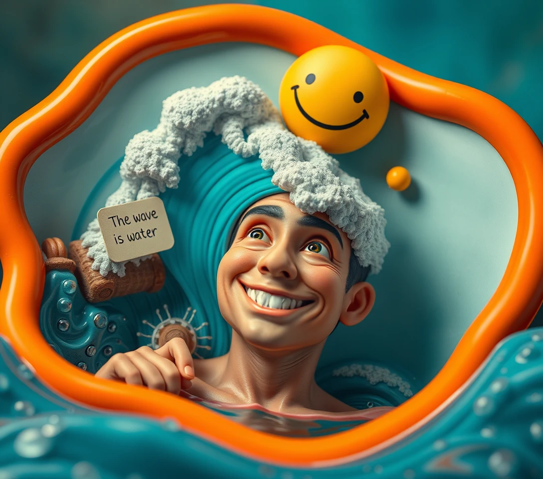 Donna surreale che sorride in una scena con un'onda d’acqua giocosa