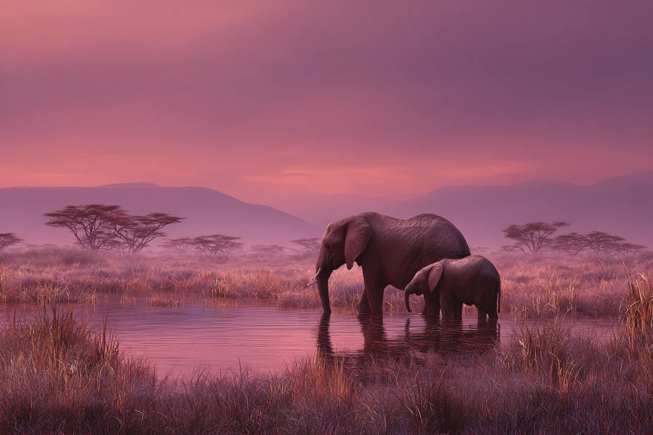 Elefantes em poço de água na Serengeti sob pôr do sol em tons de joia