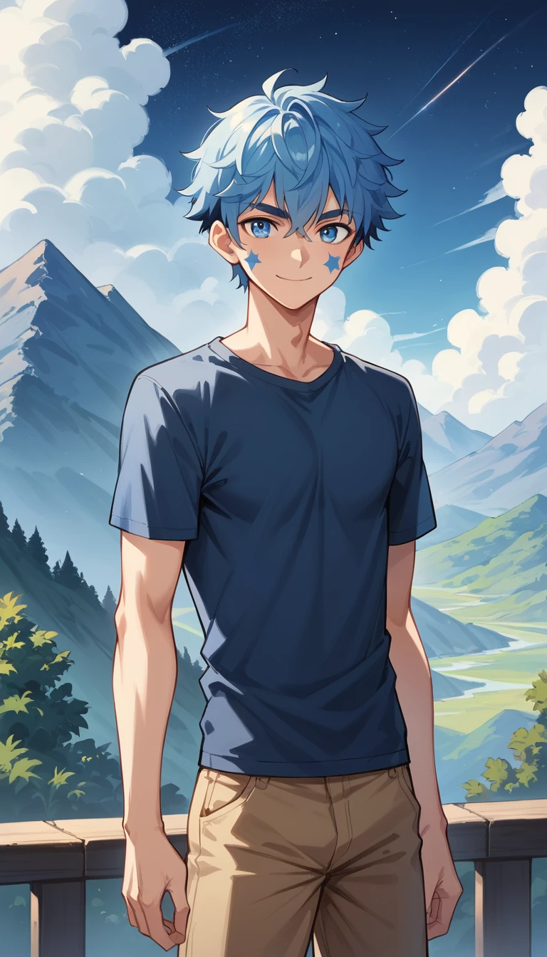 Homem alto de anime em pé sob um céu montanhoso estrelado