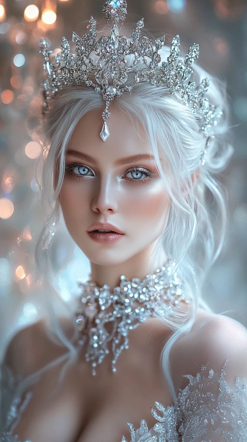 Portrait Éthéré de Reine des Glaces dans une Salle de Bal de Palais de Cristal