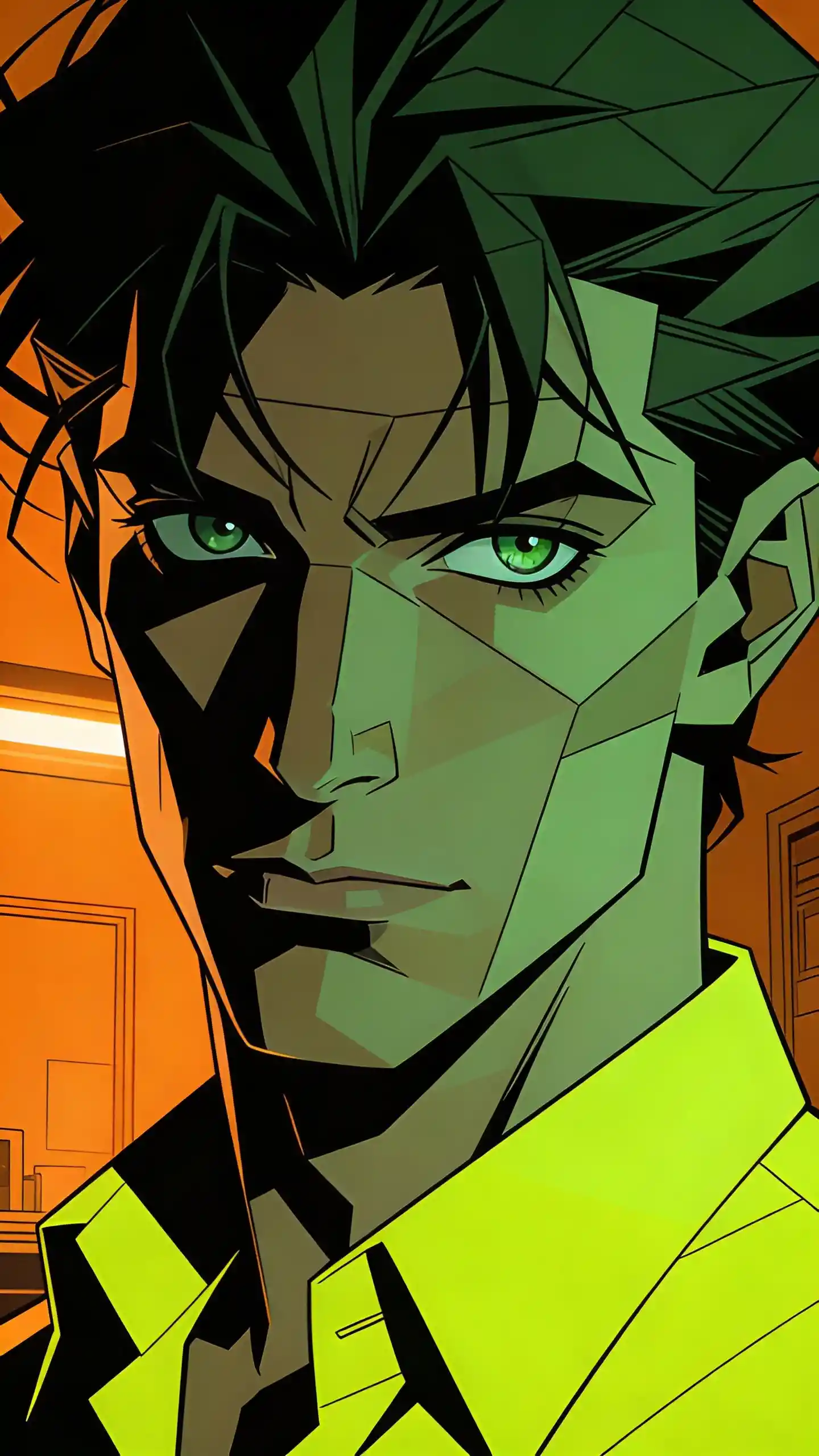 Extreme close up of a stylized young man in orange light