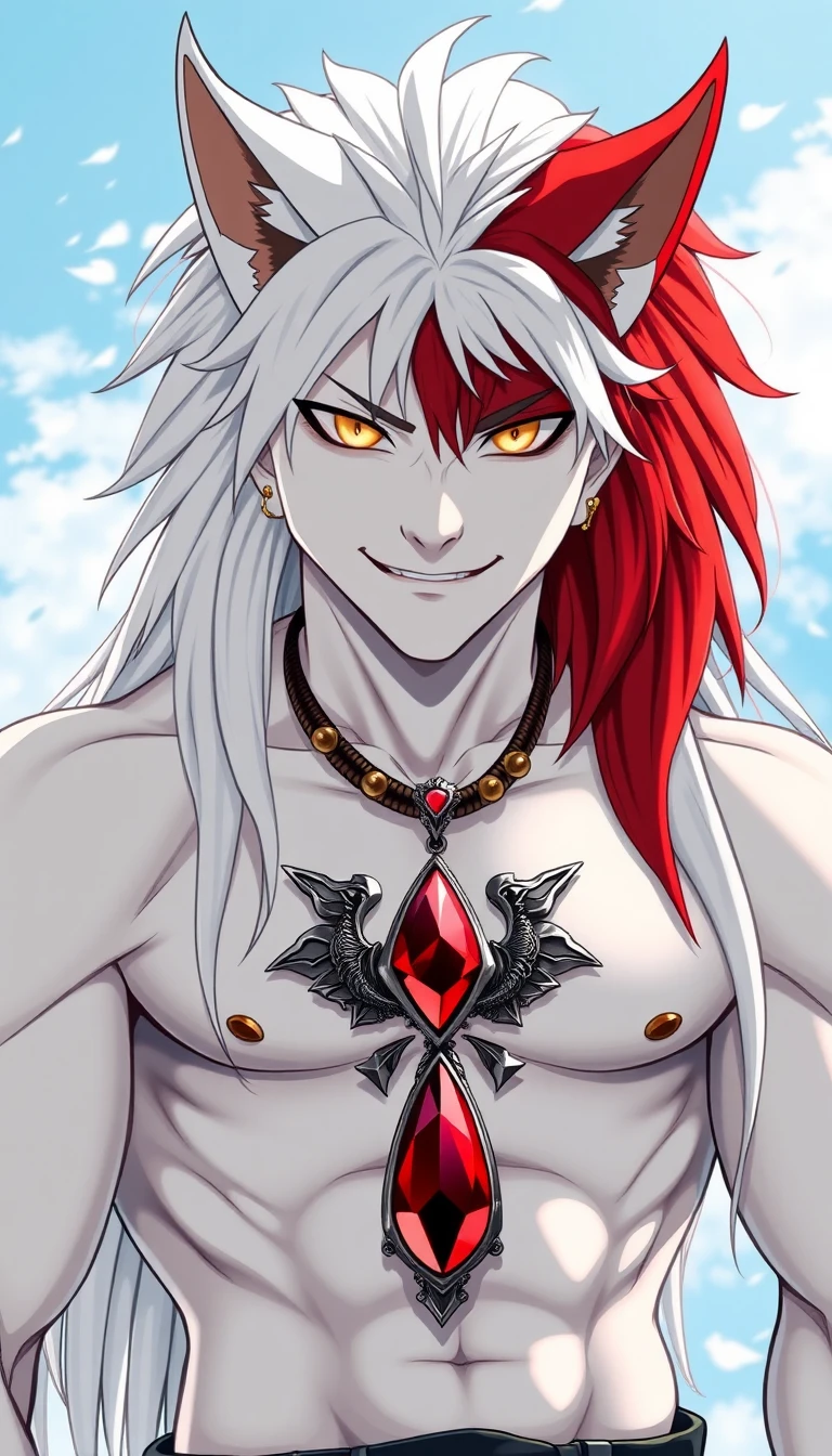 Heterochromer Beast-Junge mit zweifarbigem Haar im Freien