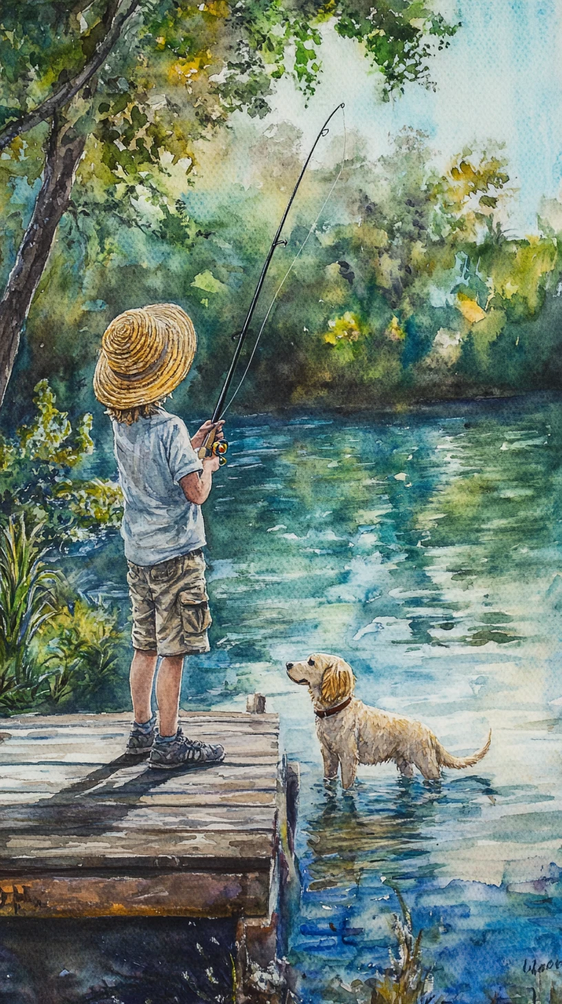 Menino pescando com cachorro em píer de madeira à beira de lago calmo