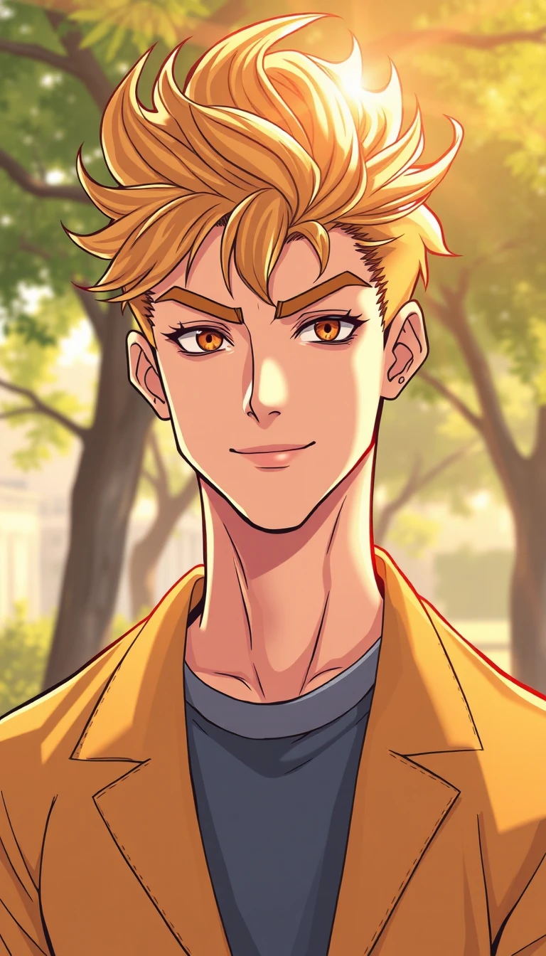 Homem alto de cabelos dourados em estilo anime ao nascer do sol