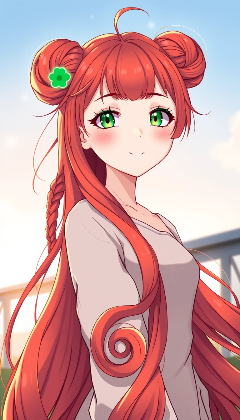 柔和黎明光中的開朗紅髮動漫少女