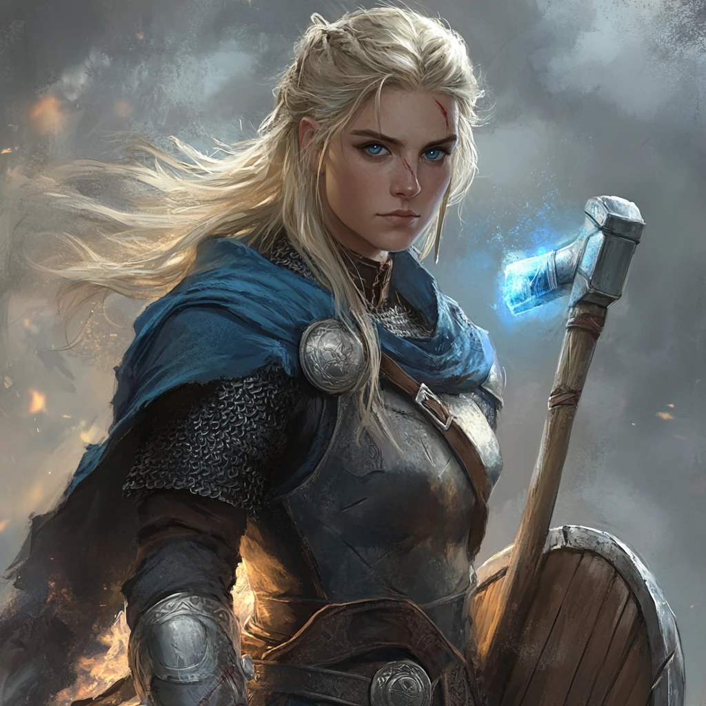 Blonde viking cleric with hammer shield and storm magic