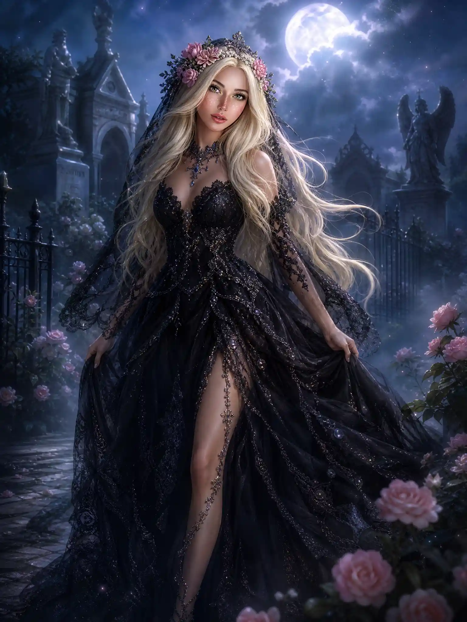 Elegante donna in abito di pizzo nero che cammina nel cimitero
