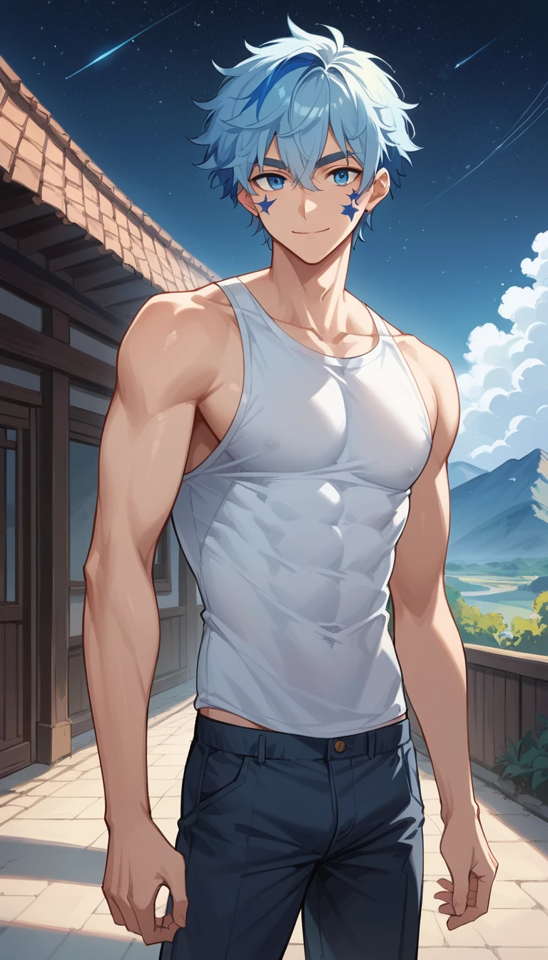 Homem de anime alto em pé sob um céu estrelado nas montanhas