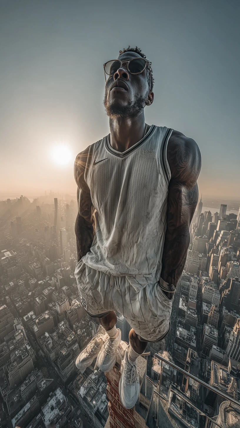高大籃球員聳立在紐約天際線之上