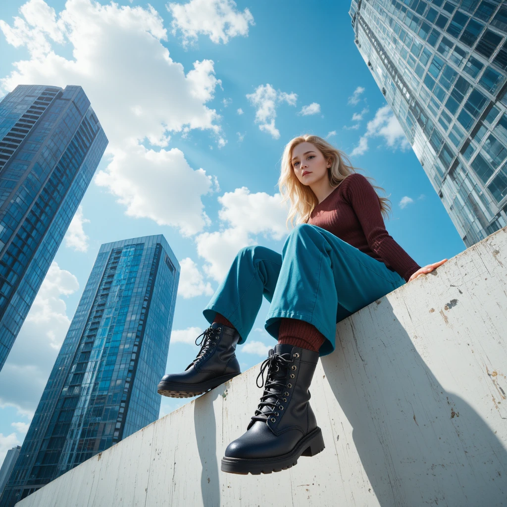 Jovem mulher na paisagem urbana vista de um ângulo baixo arrojado