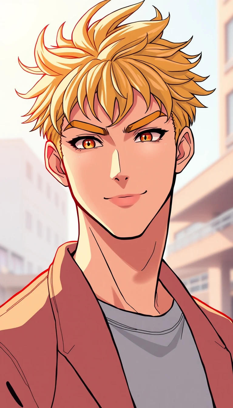 Homem alto de cabelo dourado em estilo anime ao nascer do sol