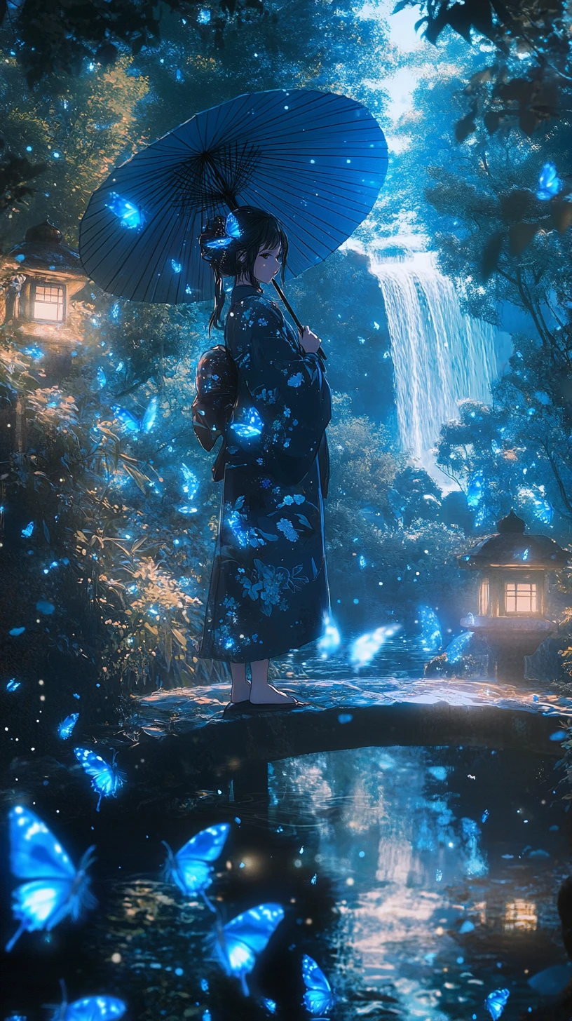 夜色發光竹林橋上的動漫女孩