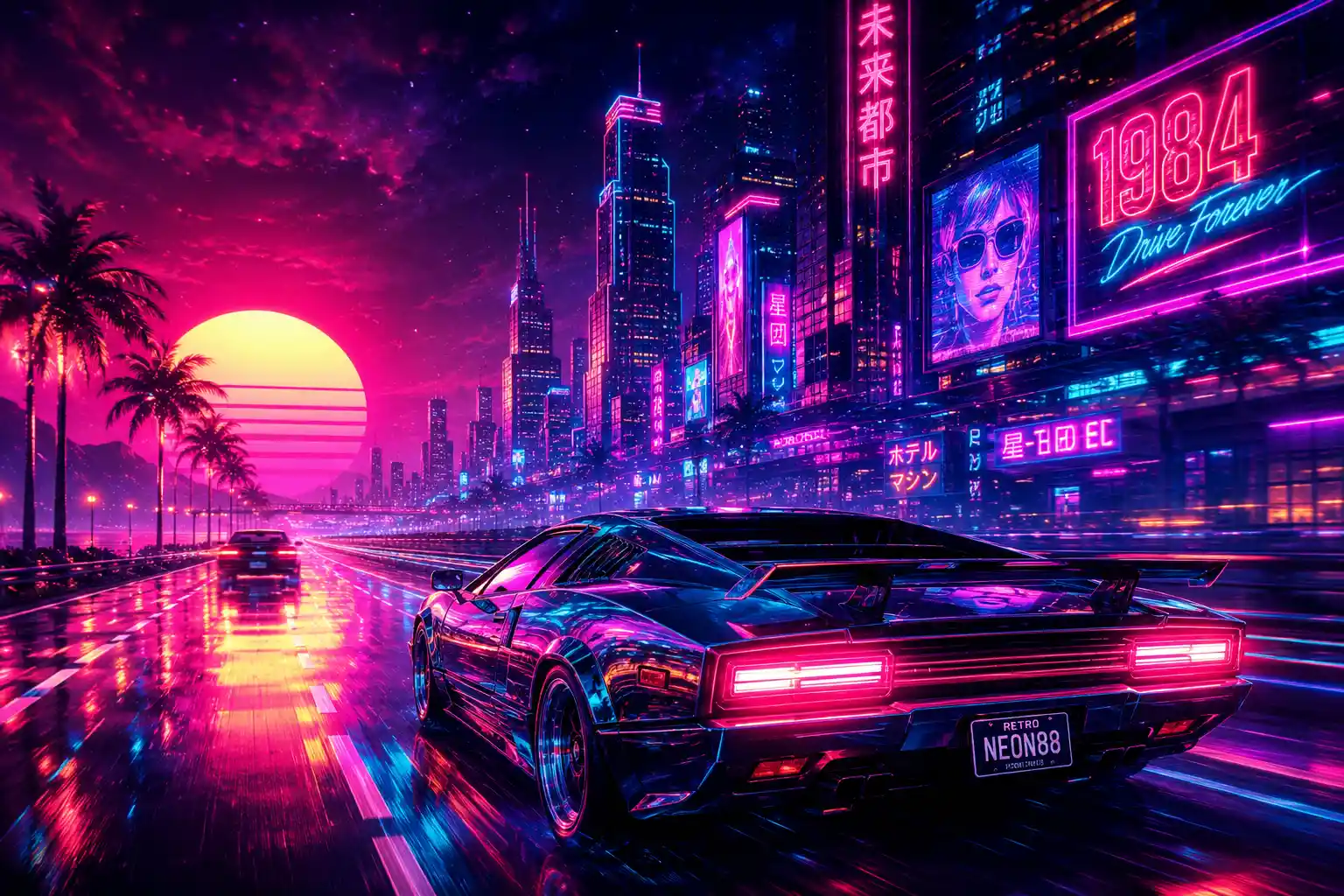 Futuristic sports car racing through neon cyberpunk city