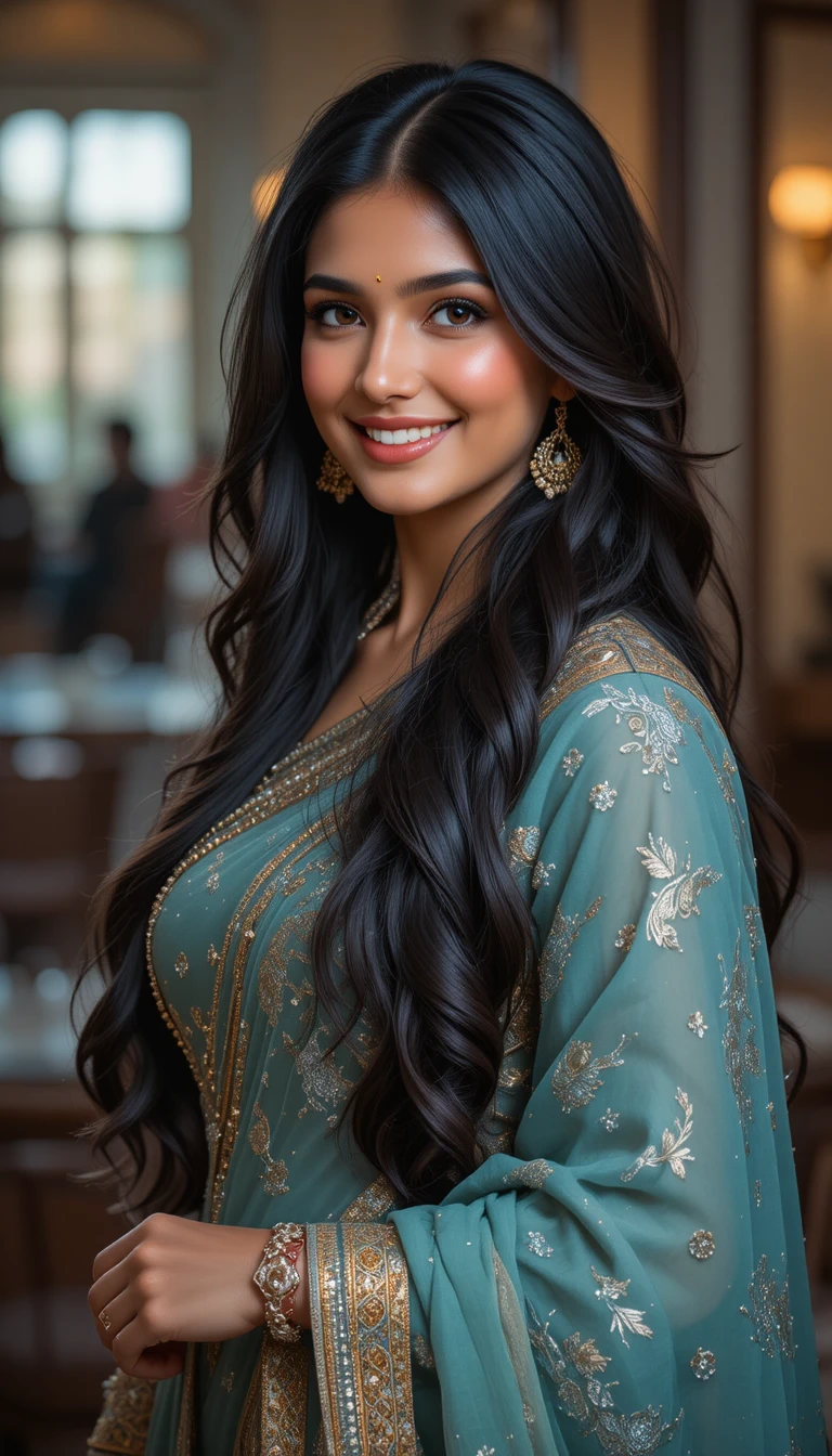 Mulher indiana elegante sorrindo em um traje tradicional moderno