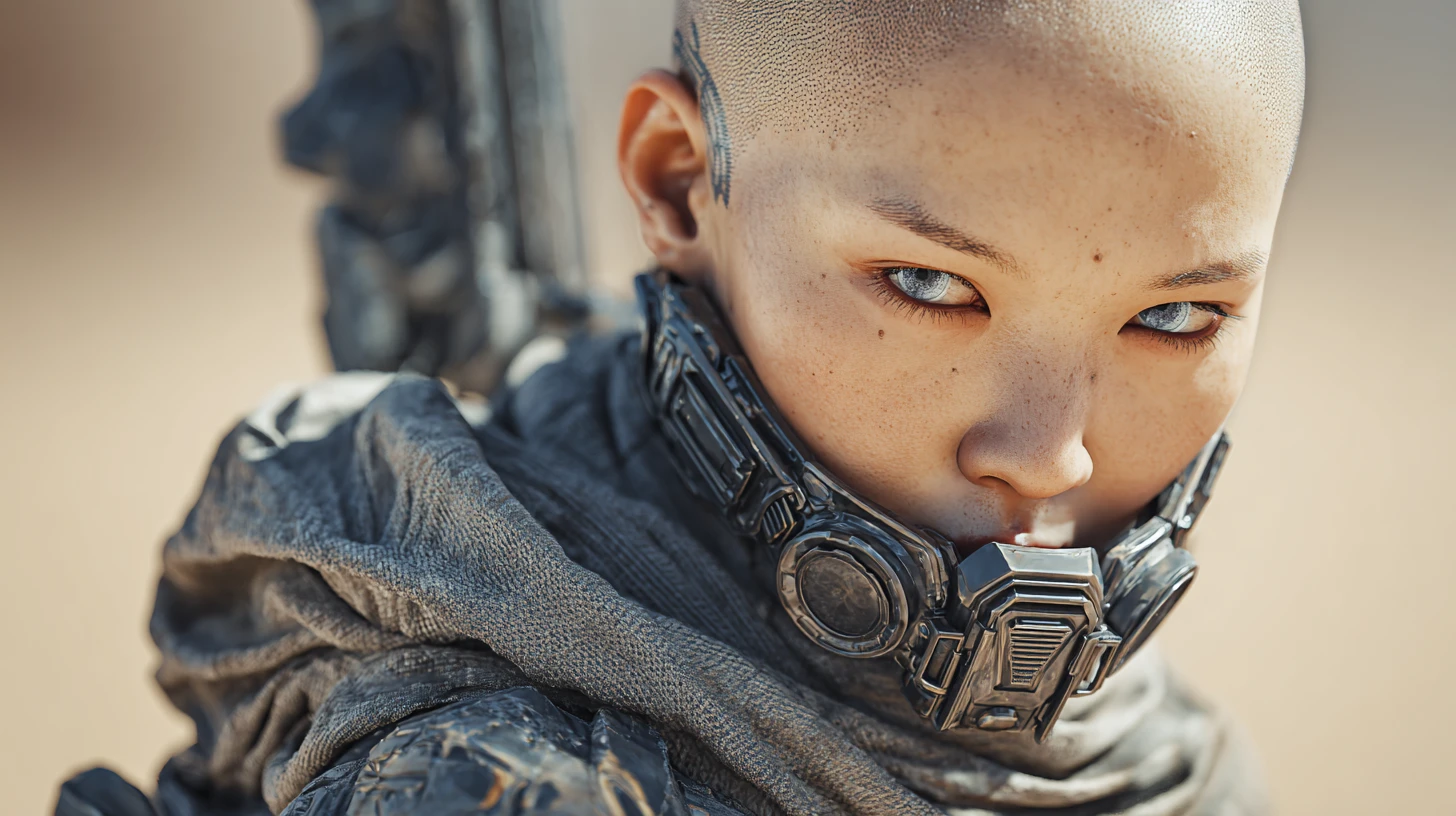 Donna cyborg monaca del deserto in un futuro devastato dalla guerra