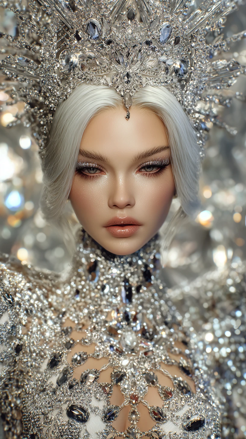 Reine des glaces éthérée avec couronne de diamants sertie de joyaux – portrait
