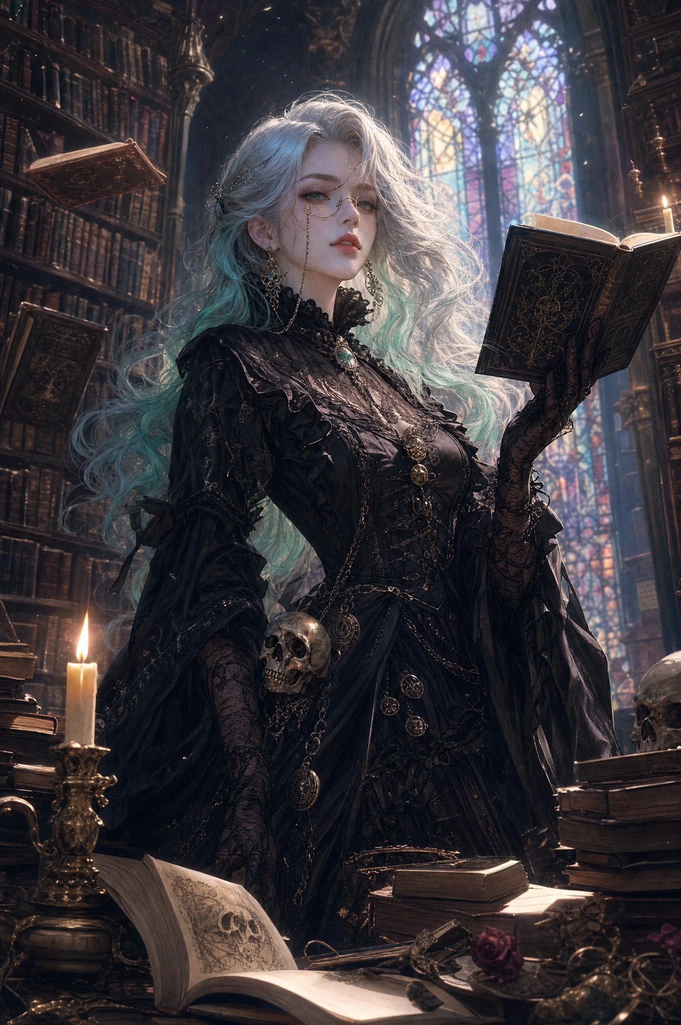 Elegante mulher de cabelos prateados em biblioteca gótica à luz de velas