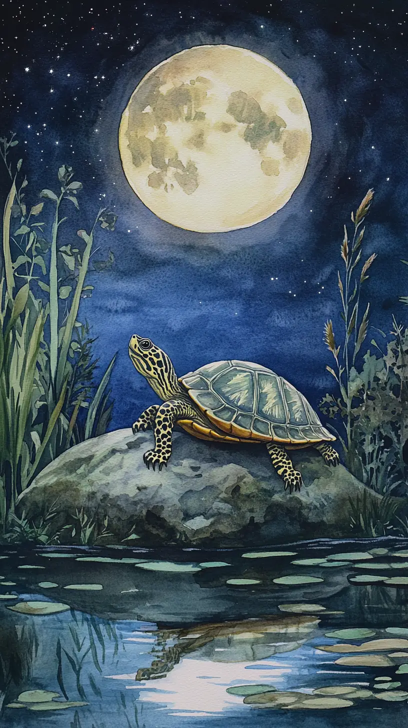 Aquarell-Schildkröte ruht nachts an einem mondbeschienenen Teich