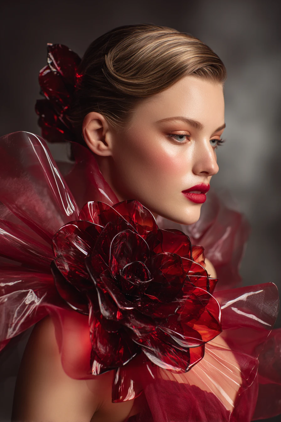 Retrato de mulher glamorosa em vestido de alta-costura vermelho rubi