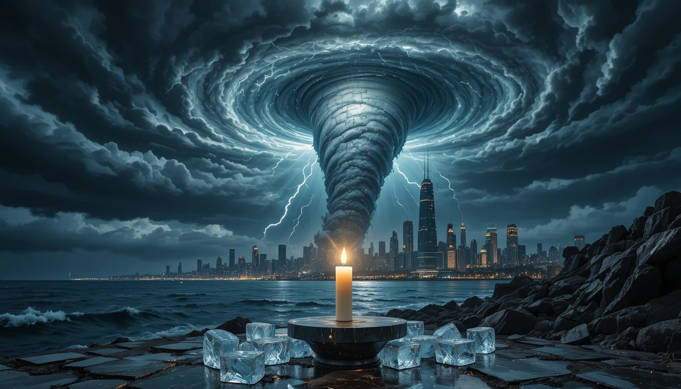 Tornado colossal sobre cidade litorânea com raios