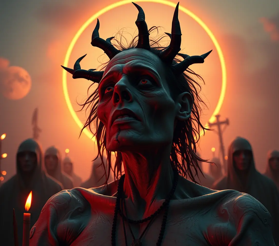 Surreal monster company at morning rites under blood eclipse