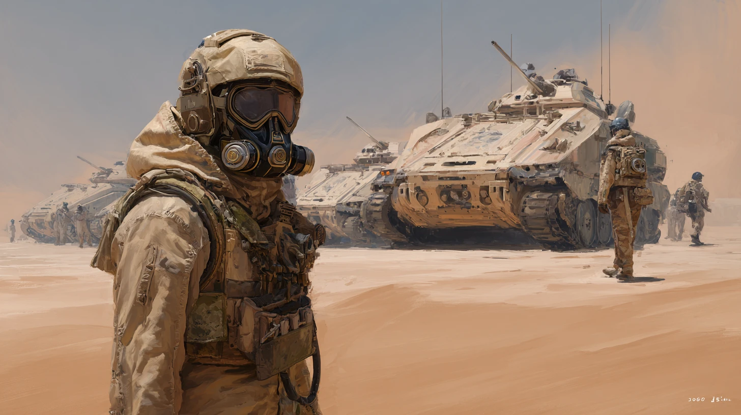 Soldado blindado em deserto hostil com tanque futurista