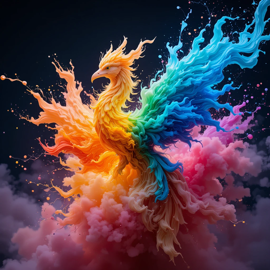Tecidos de seda coloridos explodindo em forma de fênix abstrata