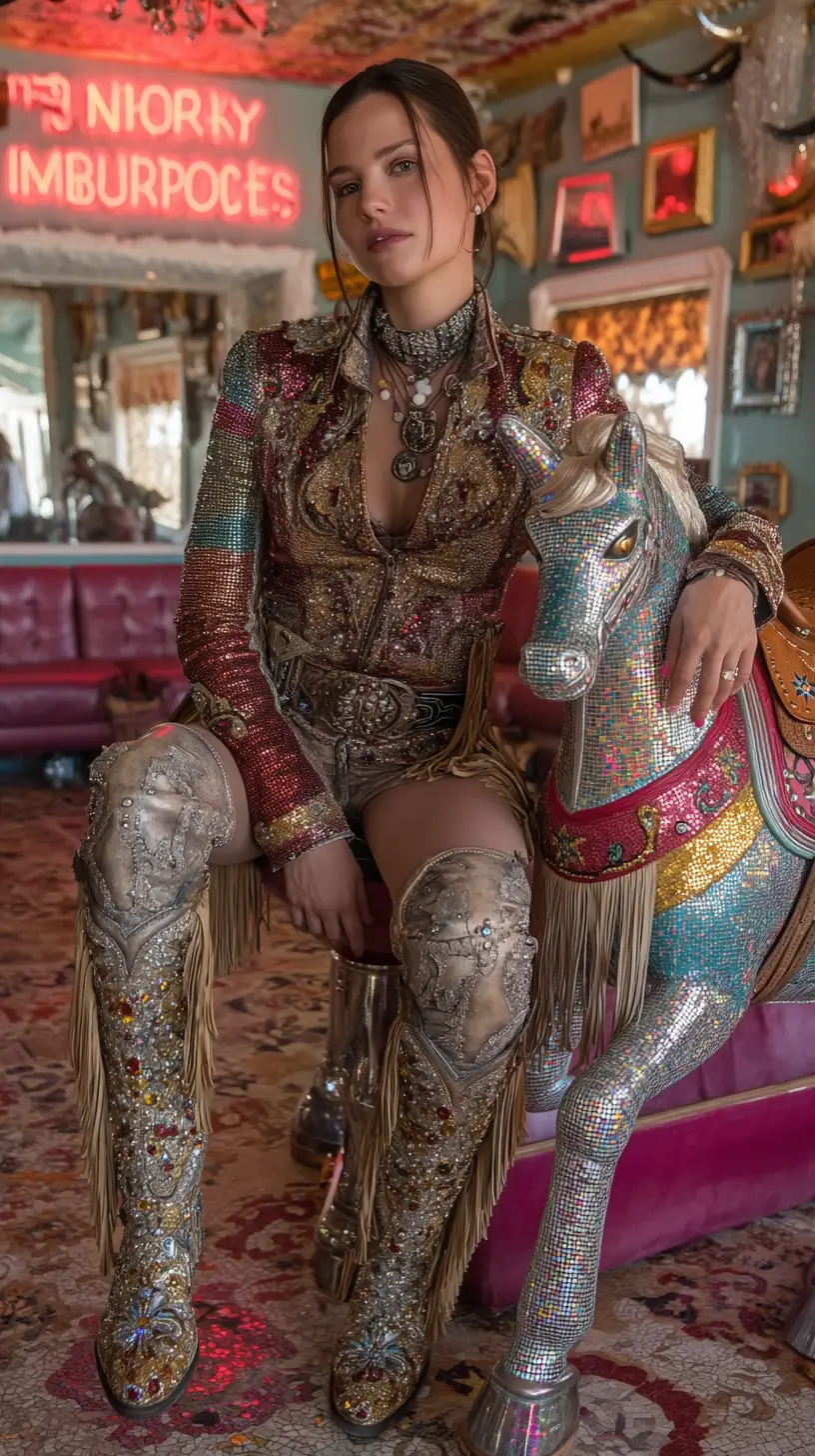 Disco cowgirl queen posing beside a mechanical bull