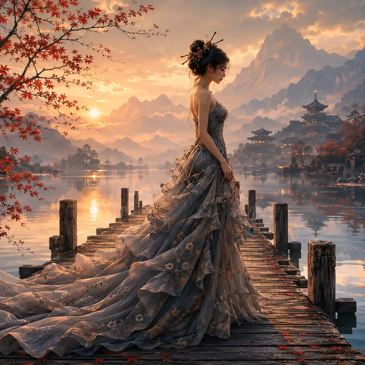 Elegant woman in gown walking along wooden pier