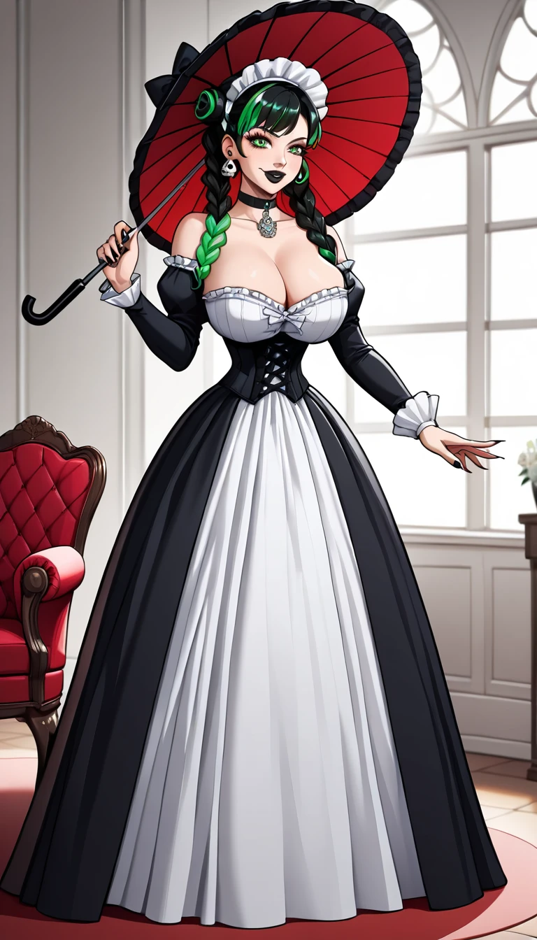 坐在紅色沙發上的韓國女子，身穿哥德維多利亞禮服
