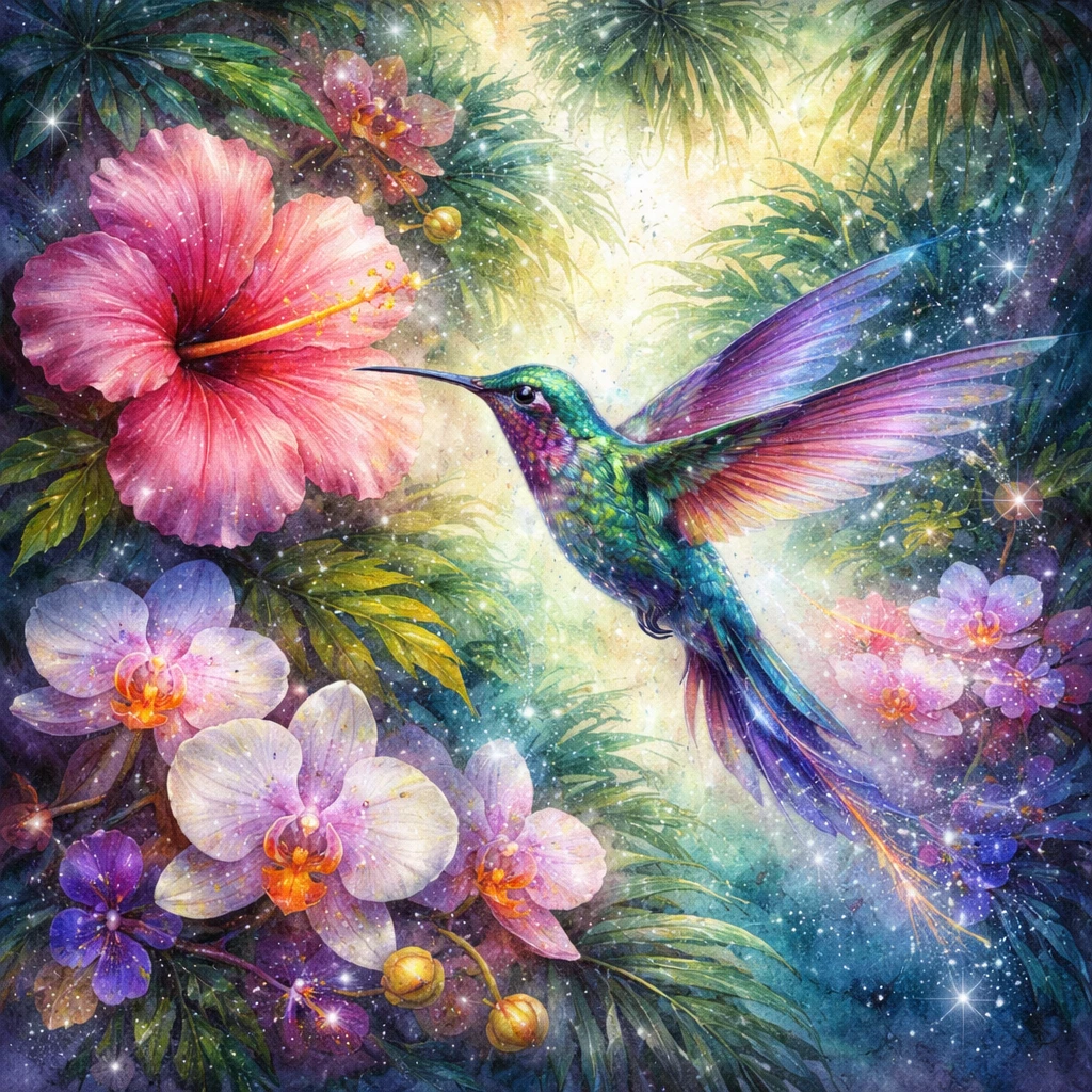 Colibri lumineux dans une jungle luxuriante avec des fleurs tropicales
