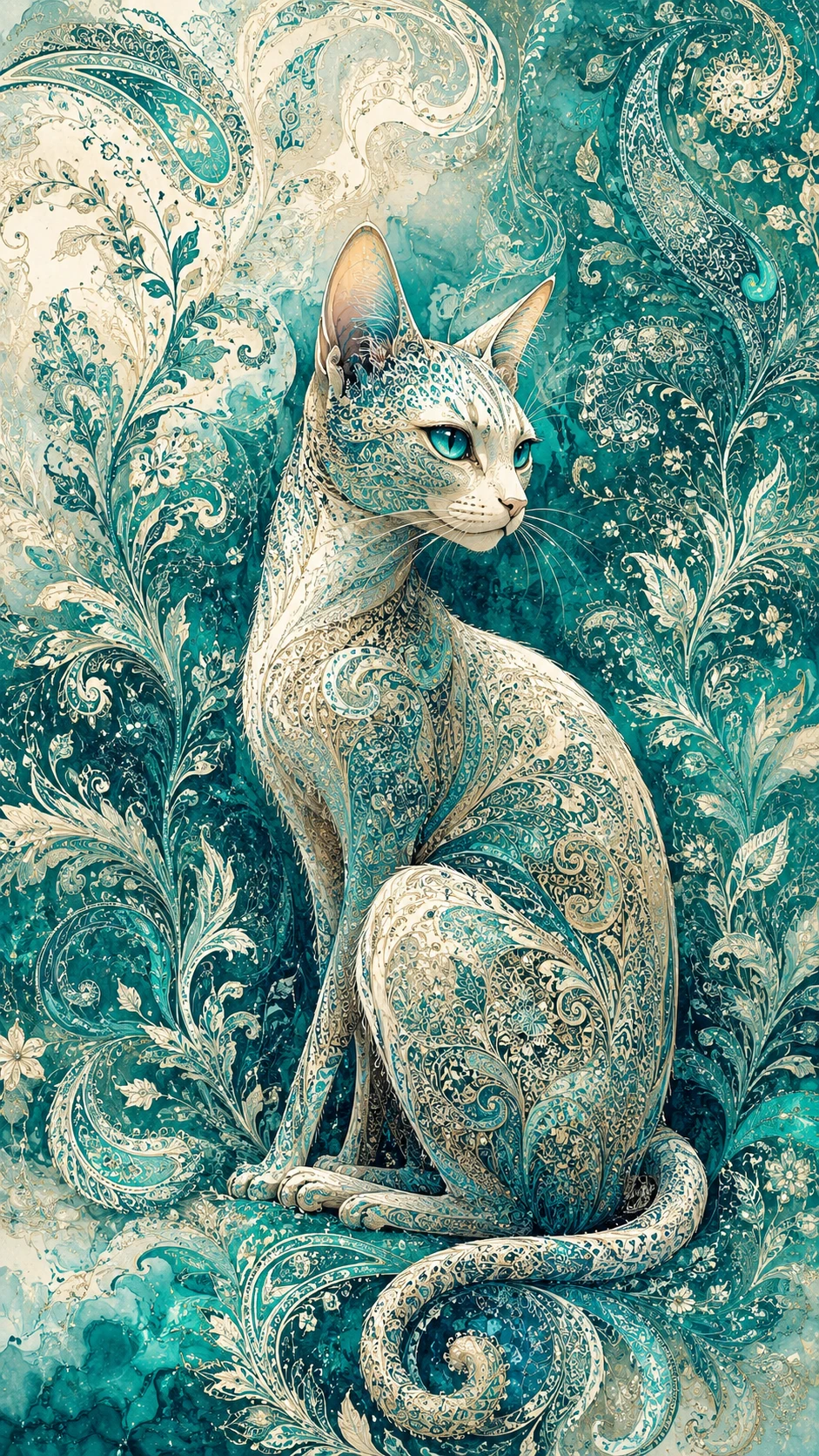 Gatto sottile stilizzato su sfondo botanico con frattali paisley