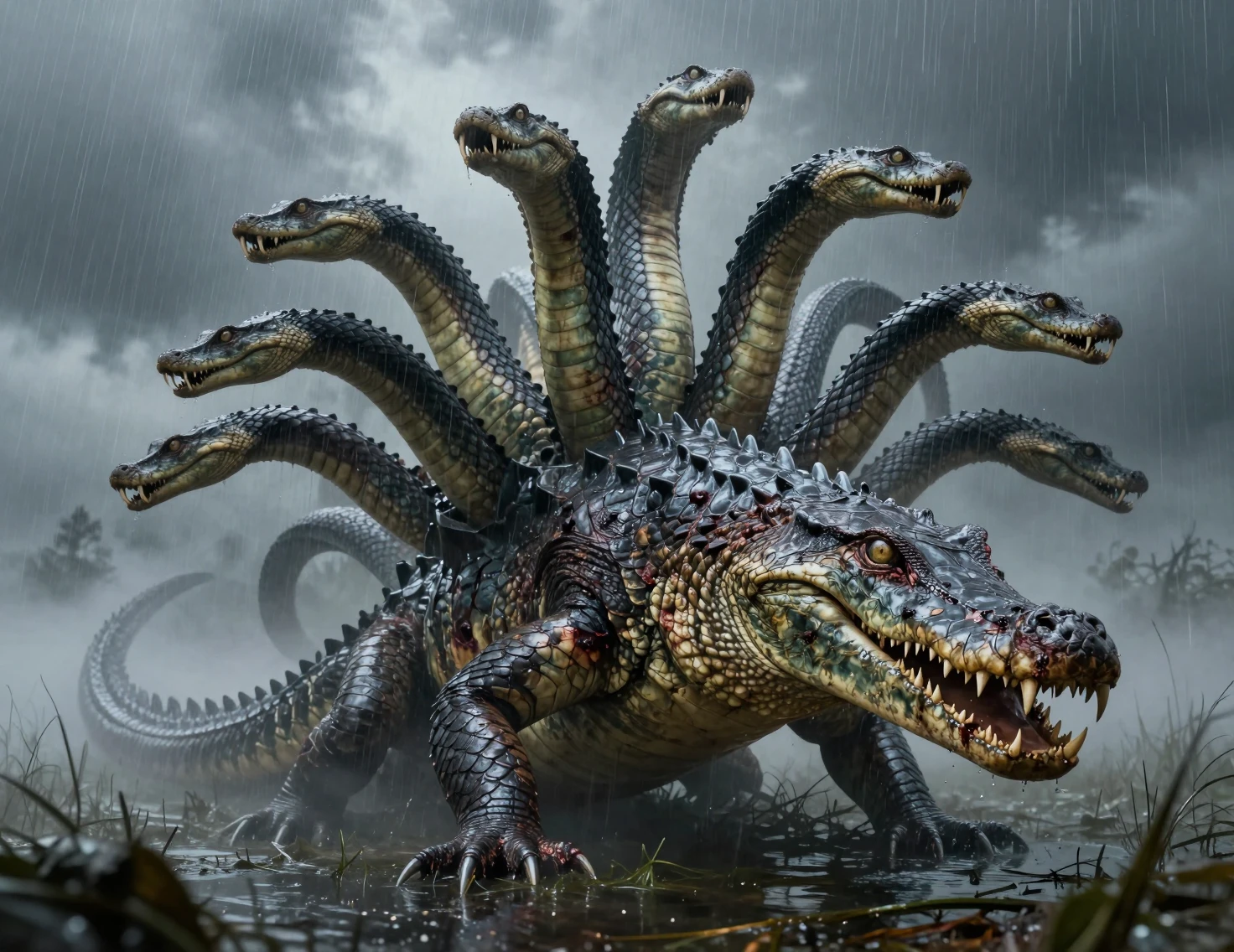 Mythische Hydra, die aus einem stürmischen nebligen Sumpf auftaucht