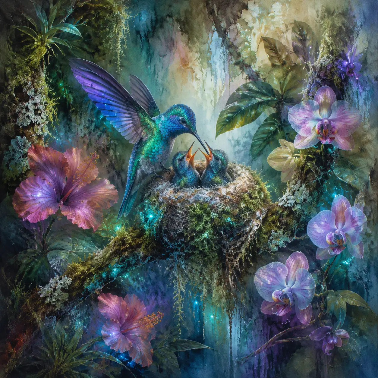 發光蜂鳥在茂密叢林的巢中餵食雛鳥