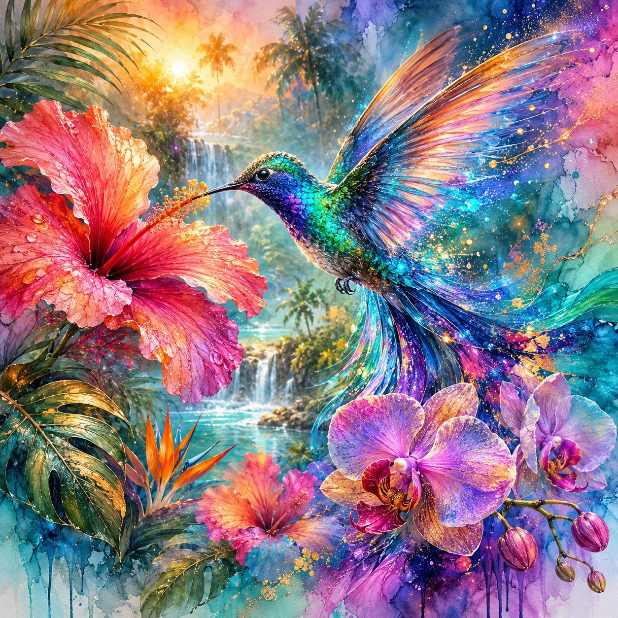 Beija-flor luminoso em uma selva exuberante com flores tropicais