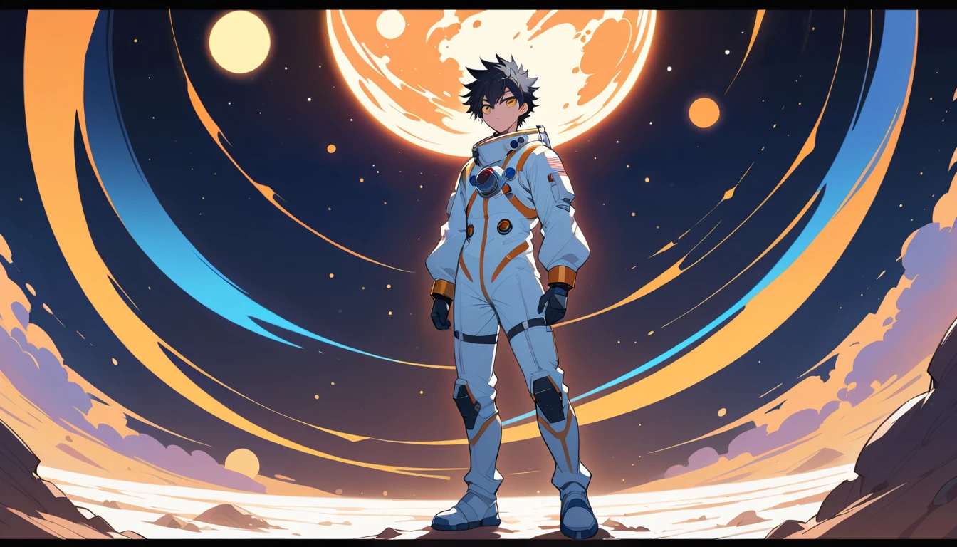 Herói de anime em traje espacial futurista em um mundo alienígena