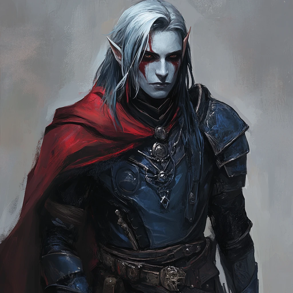 Chasseur arcanique en armure bleu sombre avec cape cramoisie