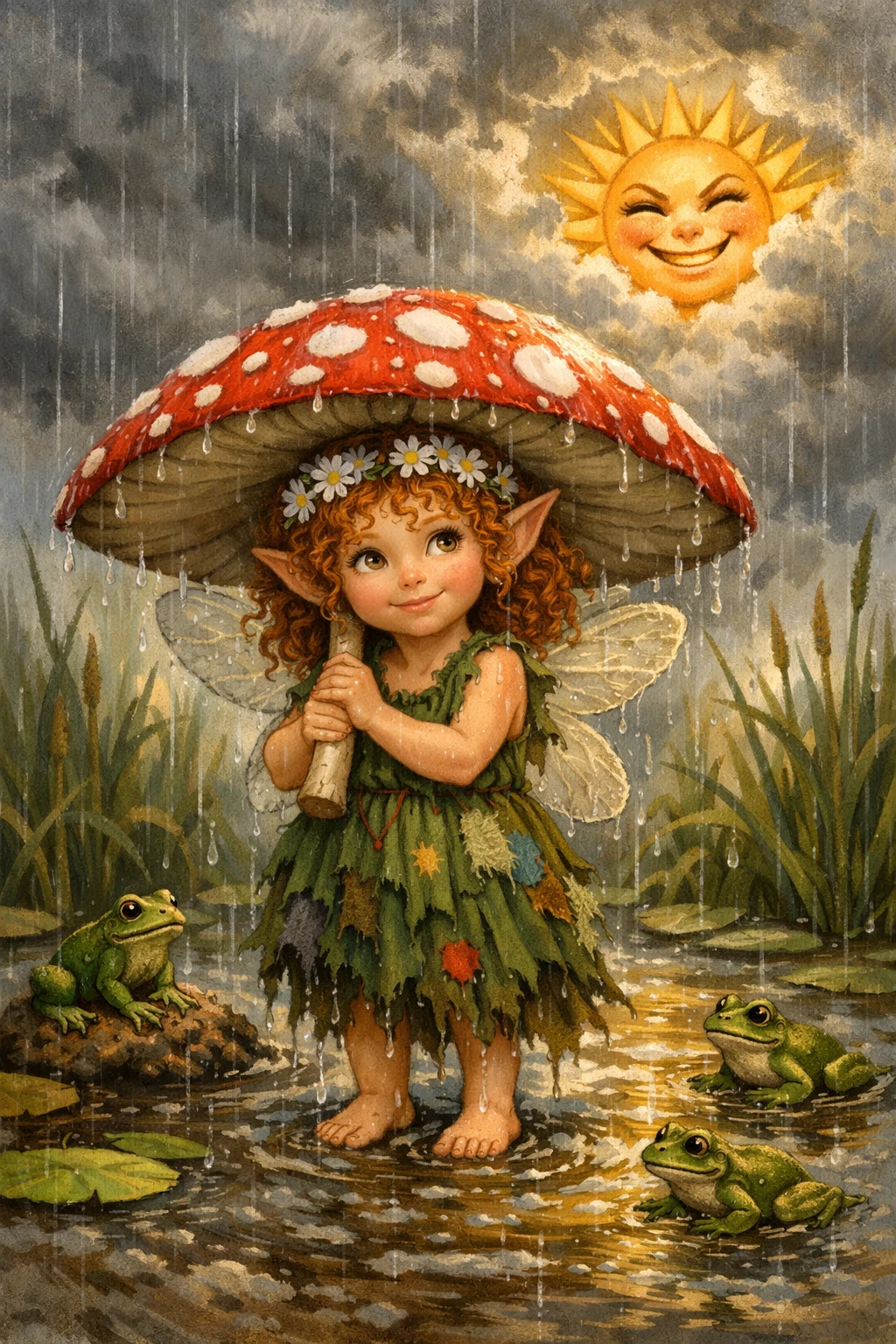 Jovem fada com guarda-chuva de cogumelo na chuva